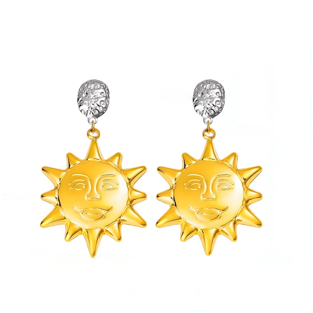 N&S New Exaggerated Stylish 18K PVD Stainless Steel Two-Tone Plated Sunflower Drop Earrings with Cross-Border Design