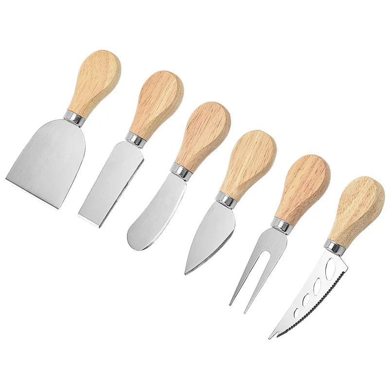 Wholesale Stainless Steel Cheese Knife 4-piece Set Butter Pizza Cheese Knife Set Rubber Wood Round Cheese Cutting Knife Set
