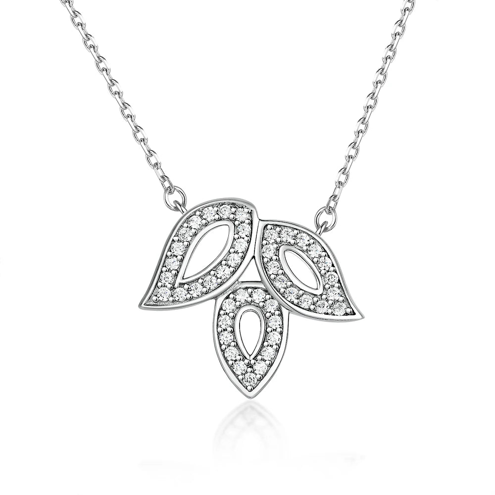 925 Sterling Silver Fashion Leaf Shaped CZ Pendant Chain Choker Necklace for Women