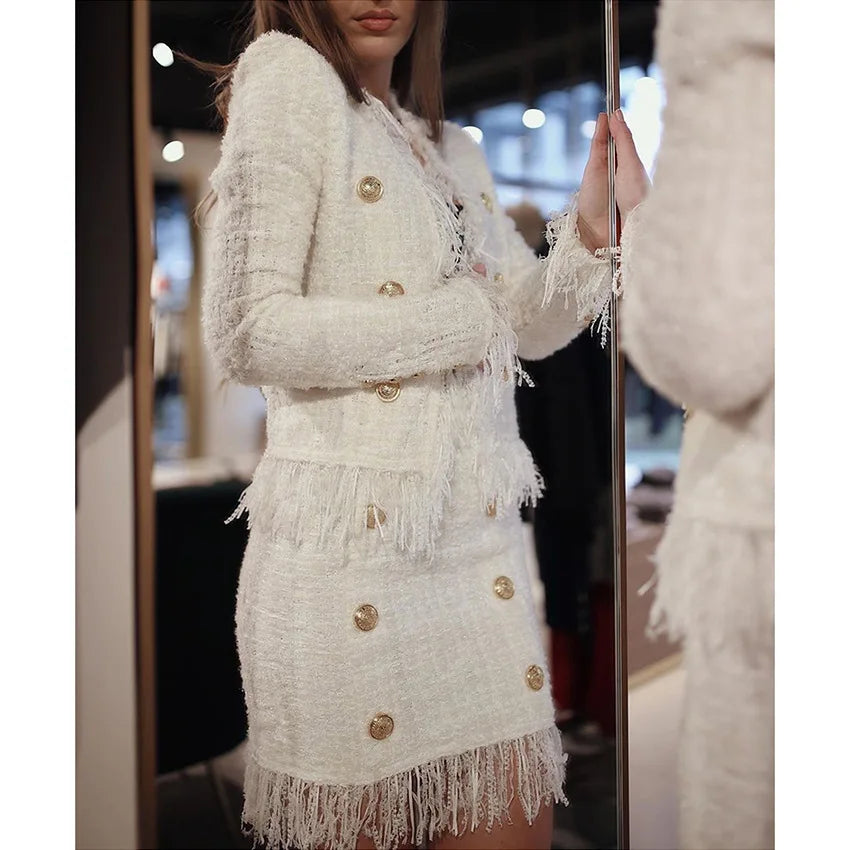 Guangzhou Auyan Woman Hot Style Fringed Wool Tweed Jacket With Whisker Edge Woman Ladies White Suit Clothes