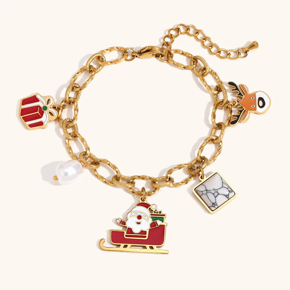 Wholesale Stainless Steel Chain Water Pearl Christmas Charm Santa Claus Snowman Tree Socks Pendant Bracelet for Women