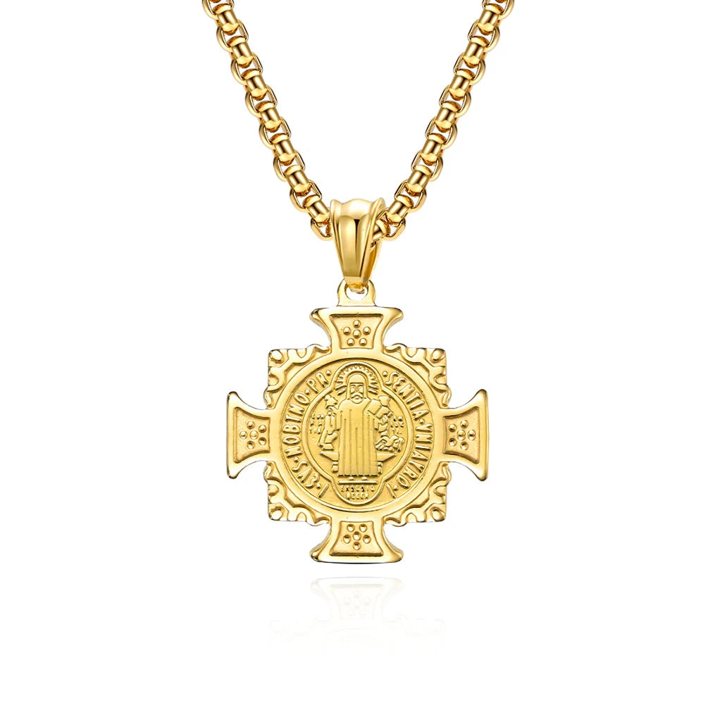 Stainless Steel Jewelry Medal and Chain Saint Benedict Cross Pendant Necklace