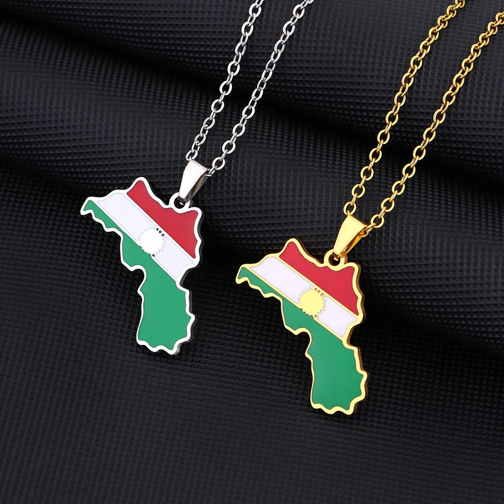 Enameled Kurdistan Map Chain Necklaces Stainless Steel 18K Gold Plated Enamel Kurdistane National Flag Map Pendant Necklace