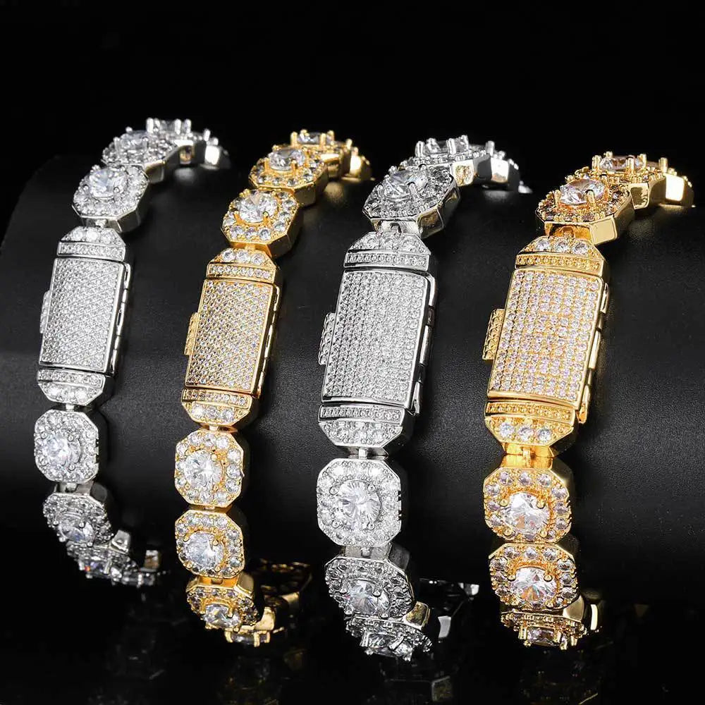 Fashion Hip Hop Brass Bracelet Design Large 10MM 12MM 3A Zircon Moissanite Tennis Chain Link Men Women Clasp Buckle Bracelet