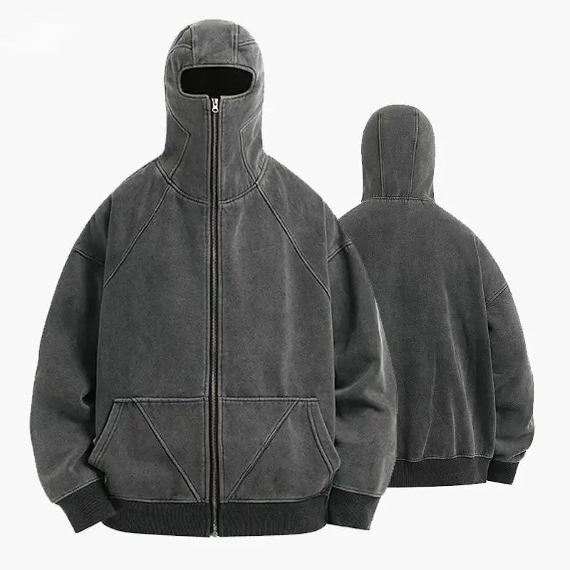 2026 Custom Mens Face Cover Hoodie With Face Masked Cover Heavy Vintage Acid Wash Full Face Zip up Hoodies With Eye Holes