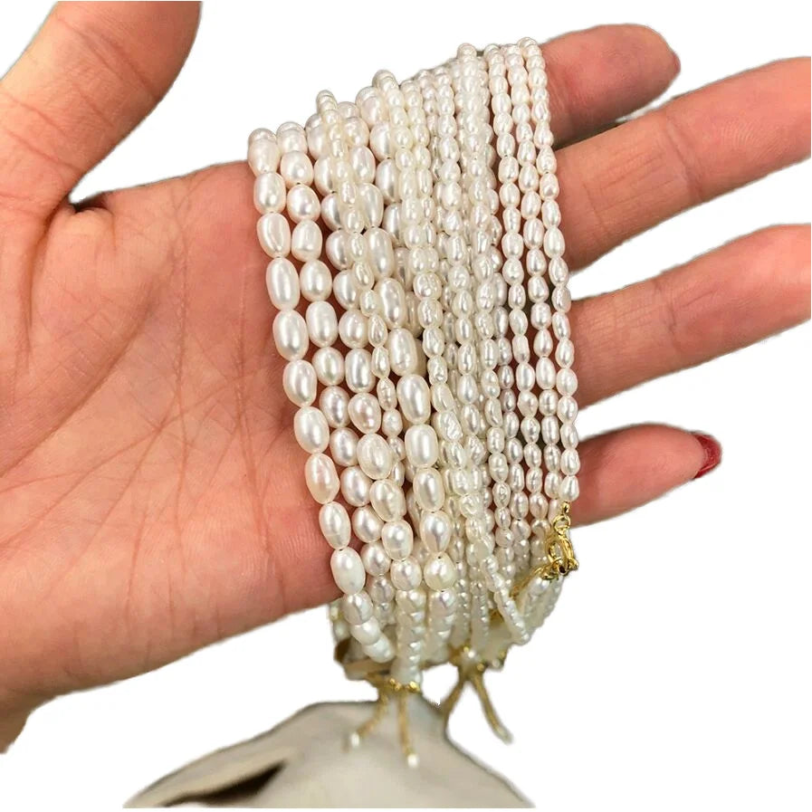 Women's Trendy S925 Sterling Silver Necklace Freshwater Rice Pearls 4-7mm Small Size Natural Seed Beads Link Chain for Parties