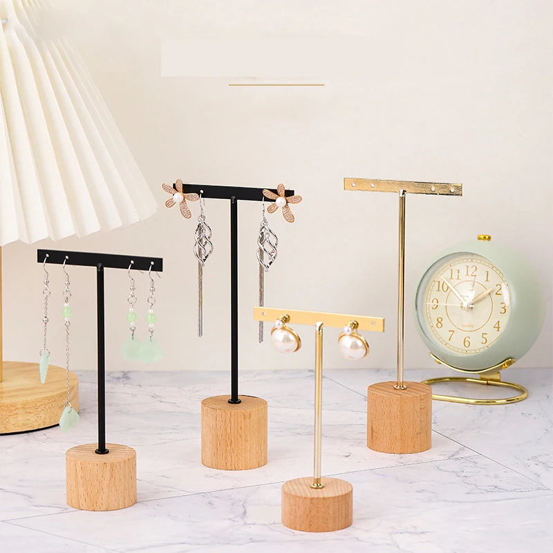 New Solid Wooden Base Iron Art Earring Display Rack Photograph Props Holder Black Gold Display Stand for Jewelry Shop