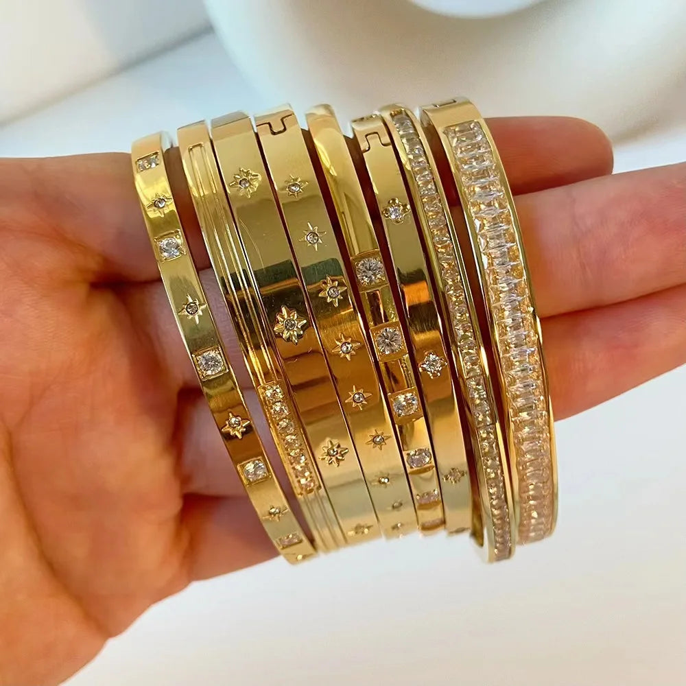 Zhongzhe Women Bracelets Fashionable Stainless Steel 18K Gold Plated Zirconia Cuff Bangles Ladies Bracelets Waterproof Jewelry