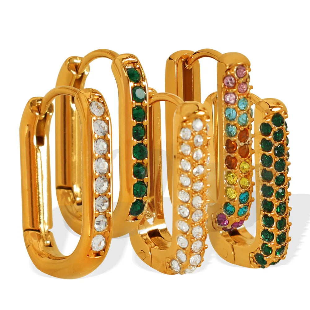 Best Seller 18K Gold Plated French Vintage Square Set with Colored Zircon Stainless Steel Women's Fashion Jewelry Hoop Earrings