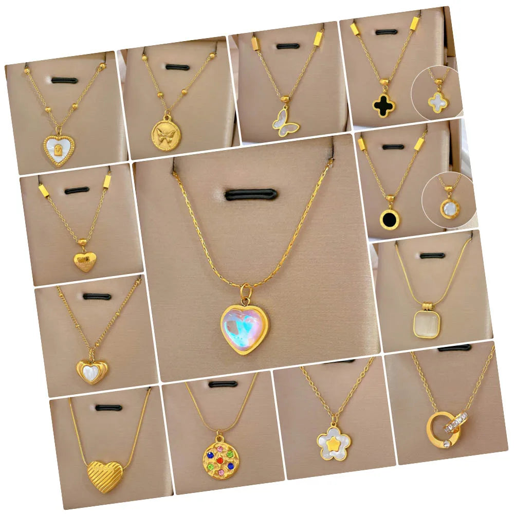 81 Design Fashion Jewelry Flower Clover Butterfly Necklace Real 18k PVD Gold Plated Stainless Steel Necklaces with Heart Pendant