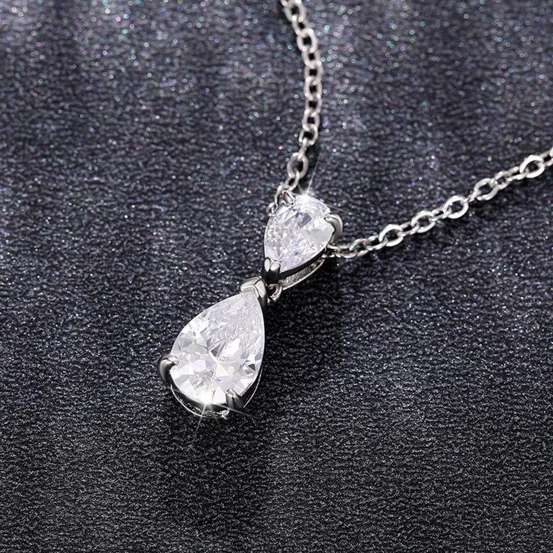 CAOSHI Delicate Silver Plated 2 Water Drop Pear Shaped Cubic Zirconia Necklace Chain Sparkle Diamond Pendant Necklace for Women