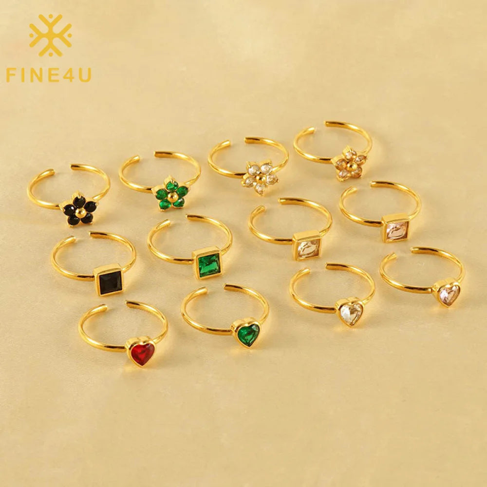 Wholesale Fashion Jewelry Women 18K Gold Plated Colorful Geometric Diamond Heart Flower Cz Zircon Open Ring