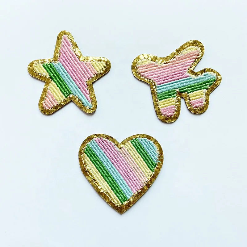 Fashion Makeup Bag Accessory Iron on Embroidery Patch Rainbow Color Heart Airplane Star Gold Glitter Applique Patches DIY Patch
