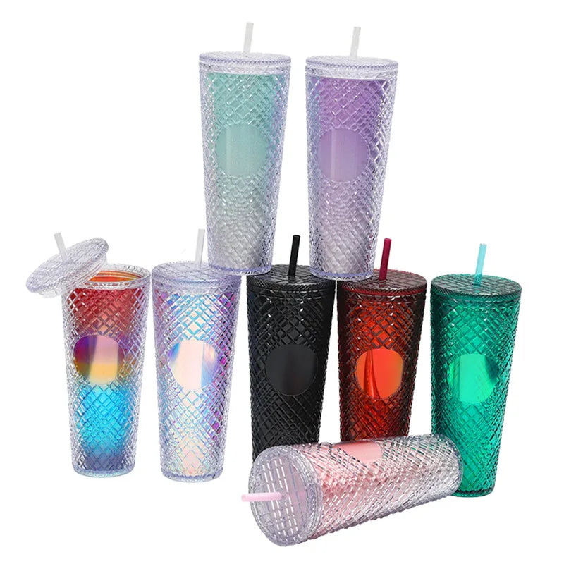 24oz  Plastic Acrylic Tumbler Cup Glitter Matte in Bulk studded Grid Cup Tumblers with Lid and Straw