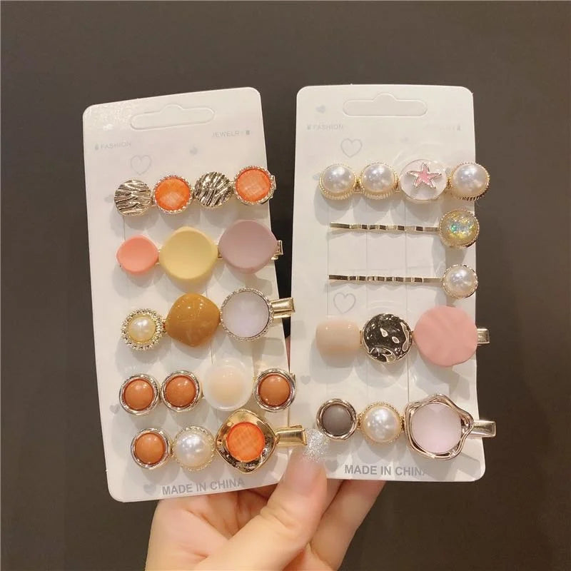 Women's Vintage Gold Metal Crystal Acrylic Hair Grip Pin with Stone Pearl Bling Rhinestone Designer Girls Hair Clips Set