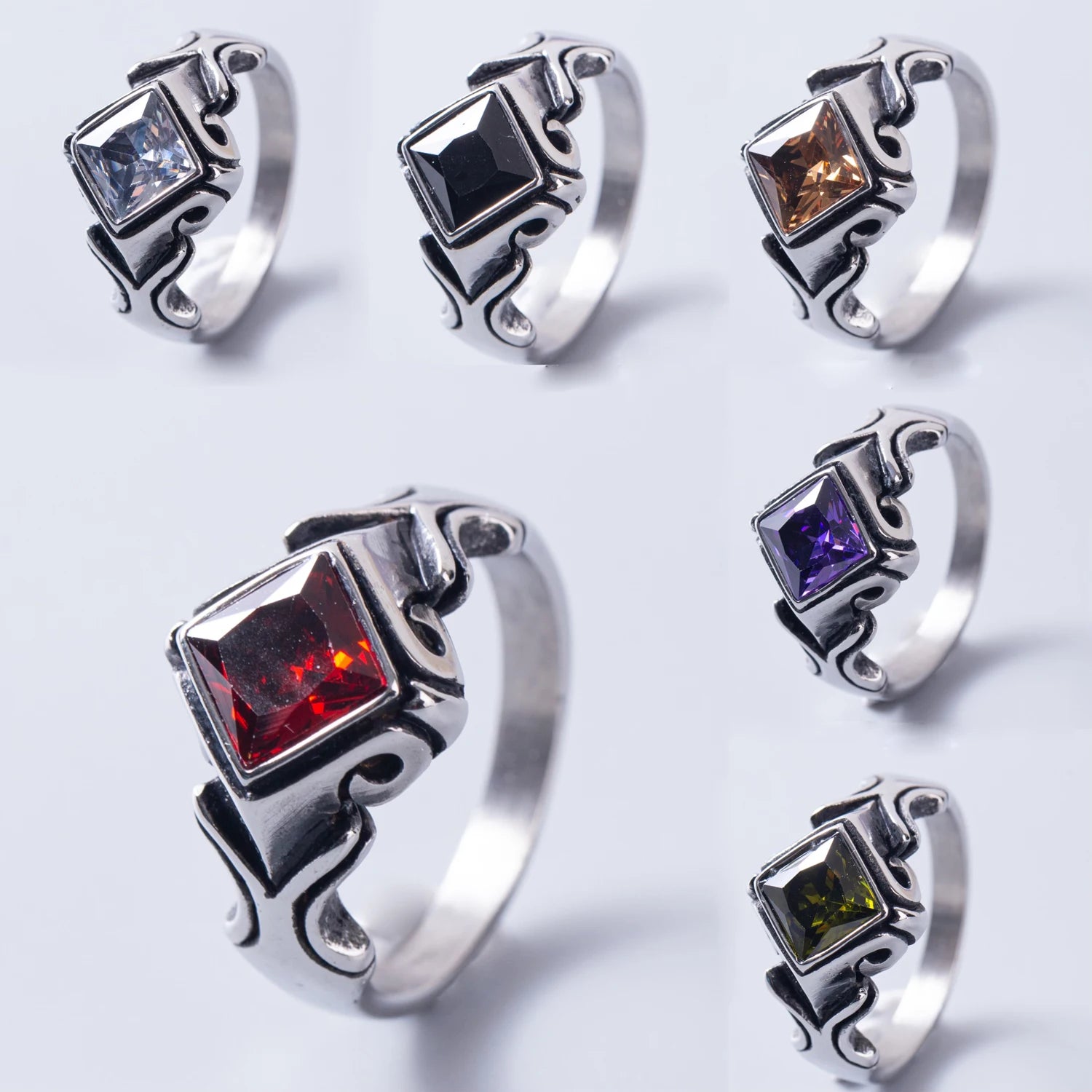 Olivia Custom Gemstone Prisms Signet Ring Punk Stainless Steel 18K Gold Plated Square Diamond Black Onyx Ring for Men
