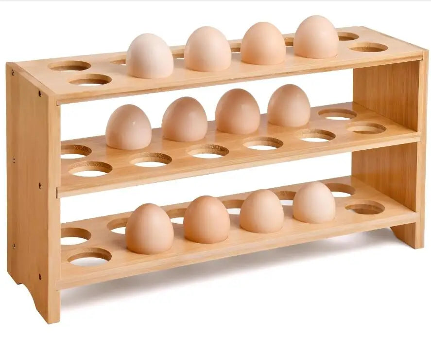 3 Layer Standing Type Foldable Egg Storage Rack Organizer for Counter Top-Bamboo Kitchen Egg Holder Basket for Fresh Eggs