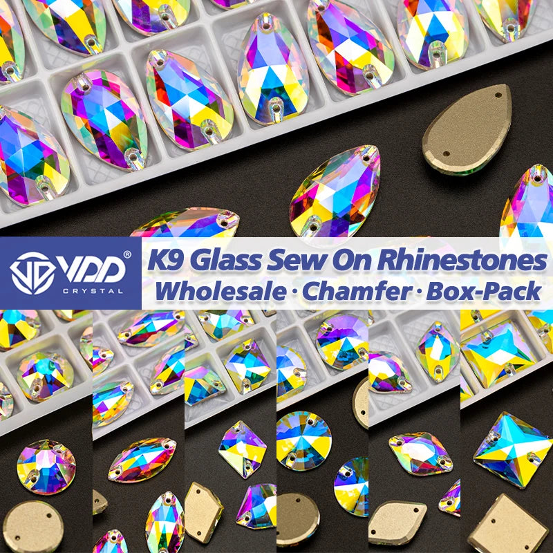 VDD Wholesale Chamfer Top Quality K9 Glass Sew on Rhinestones Sewing Crystal AB Box-packed Flatback Stone for Garment Decoration