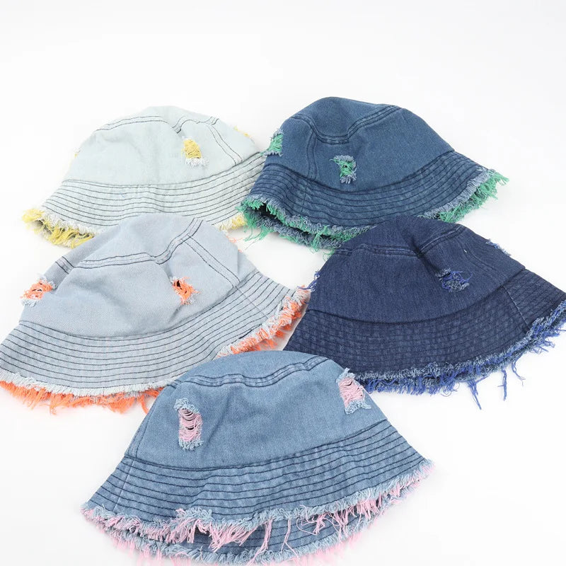 BSCI Wholesale Vintage Velour Bucket Hat Wash Jeans Denim Bob Hat With Distressed Look for Kids Cycling and Daily Use