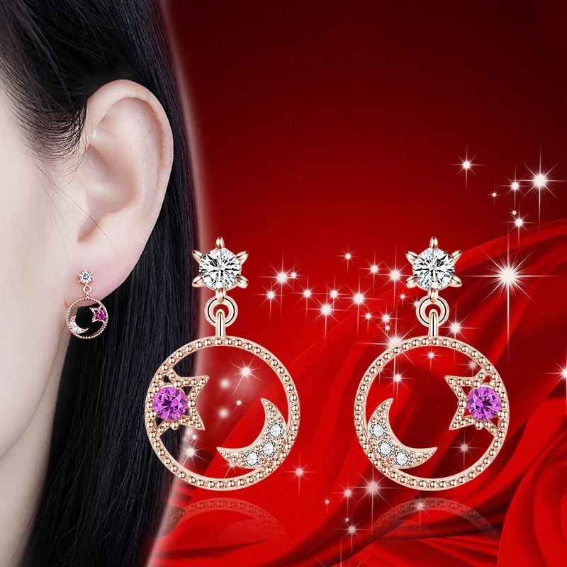 Trendy Moon and Star Stud Earring Shiny Cubic Zircon Earring Rose Gold Drop Earring for Women S925 Silver Needle Post Earring MegaBDM