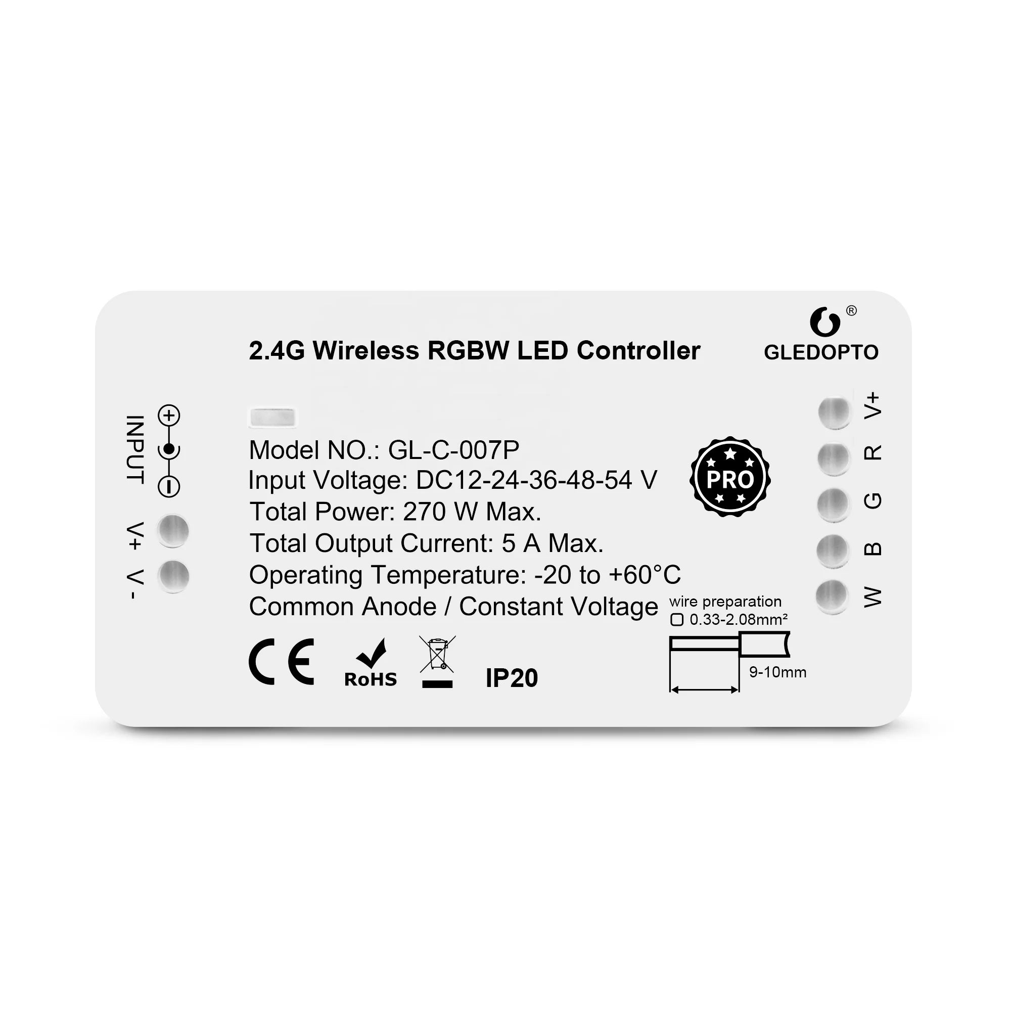 Gl-C-007P Gledopto ZigBee 3.0 Smart Strip Light Driver RGBW LED Strip Controller DC12-54V 10A Output 270W Max Load APP 2.4G RF