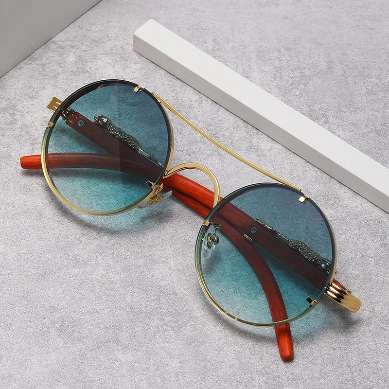 New Brand European American Cross-border Unisex Gold UV400 Double Bridge Leopard Head Fashion Metal Sunglasses