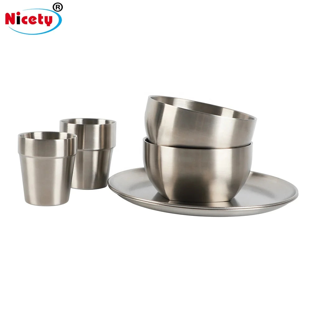 Nicety Unique Camping Mess Kit Polished Stainless Steel Dishes Set 2 Person Camping Plate Bowl Cups BPA Free Plates for Bbq