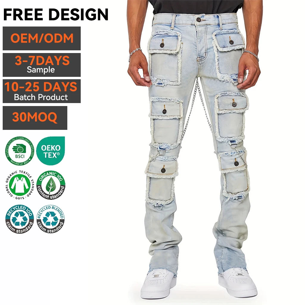 High Quality Mid Waist Stretch Skinny Denim Jeans Vintage Custom logo Streetwear Straight Stacked Slim Fit Elastic Men Jeans