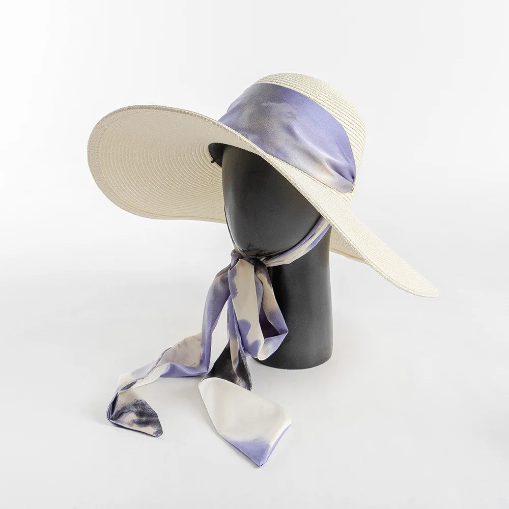 2025 Spring Summer New Arrival Fashion Women Custom Tie Dyed Ribbon White Colour Big White Paper Braid Straw Beach Hat