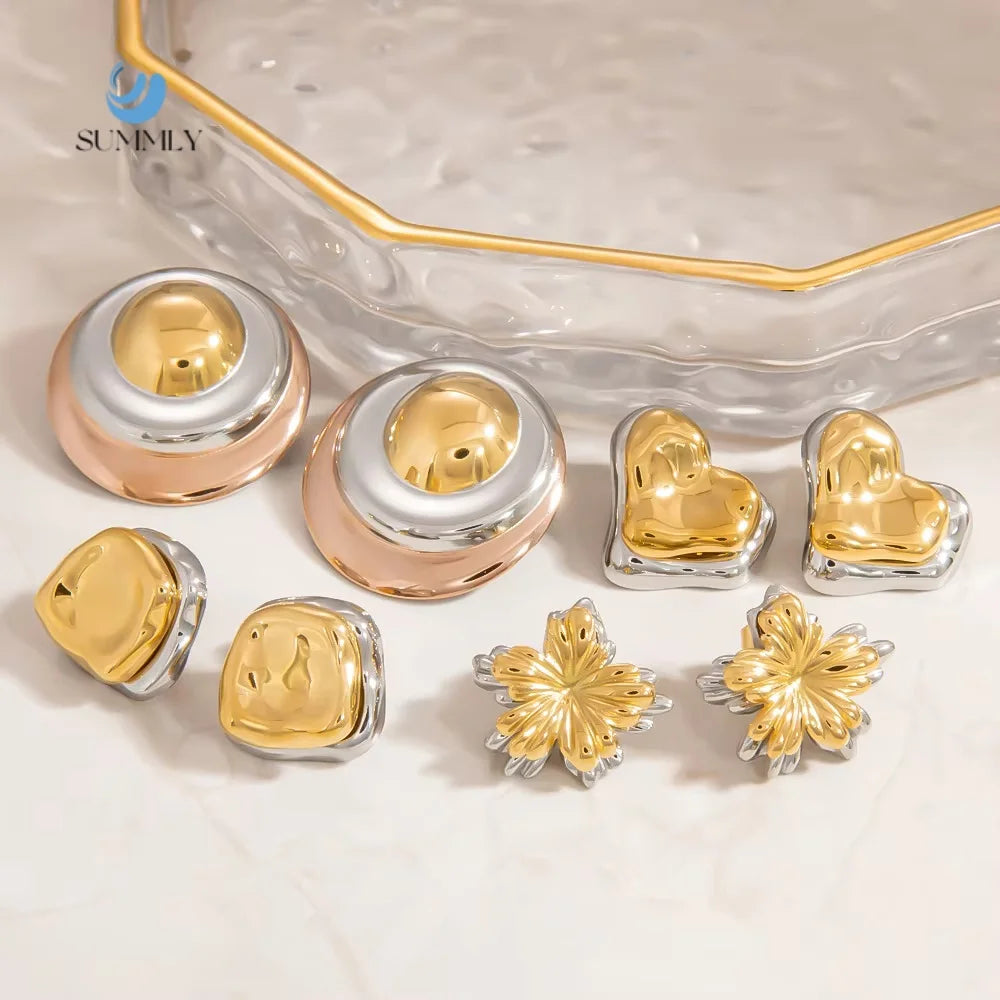 SUMMLY Vintage Trend Wholesale Creative Flower Shape Two Color 18K Gold Plated Stainless Steel Earrings Fashion Jewelry