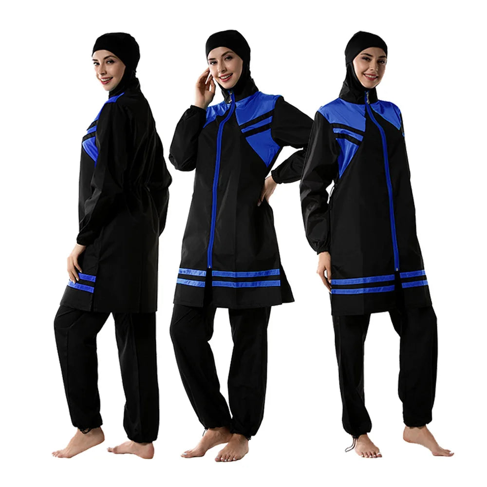 Hot-selling Two-tone Patchwork Loose-fitting Full Coverage Moderate Burkini Waterproof Swimsuit Set for Muslim Women