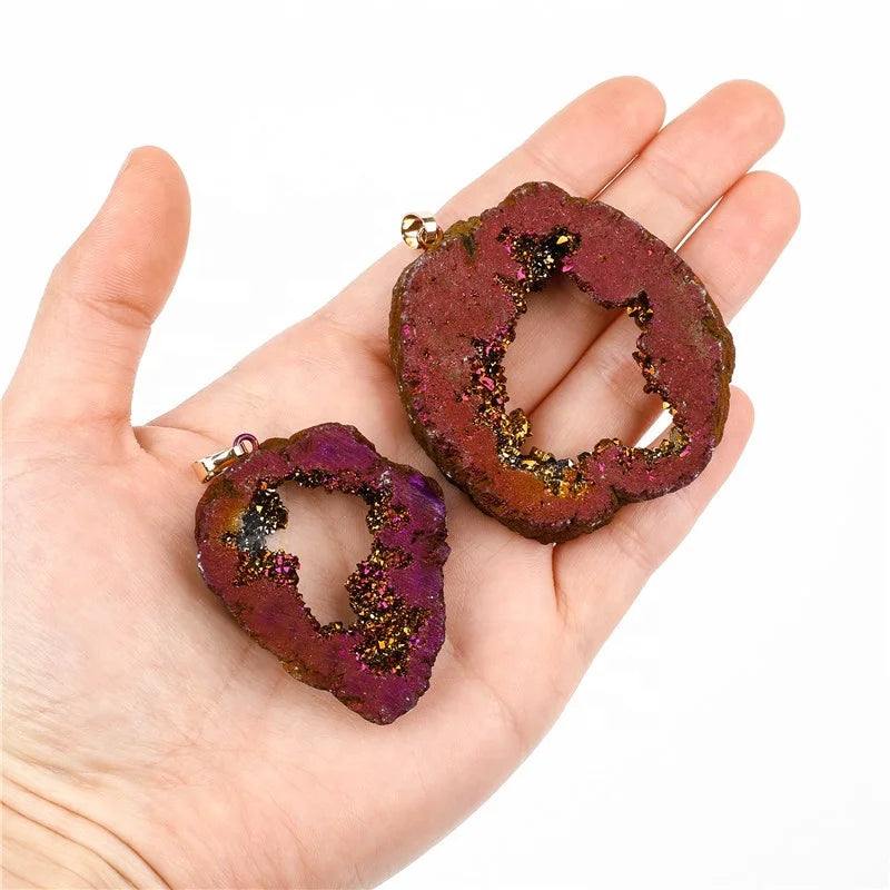 Natural Irregular Geode Agate Stone Pendants Titanium Coated Slice Purple Agate Pendants Charms