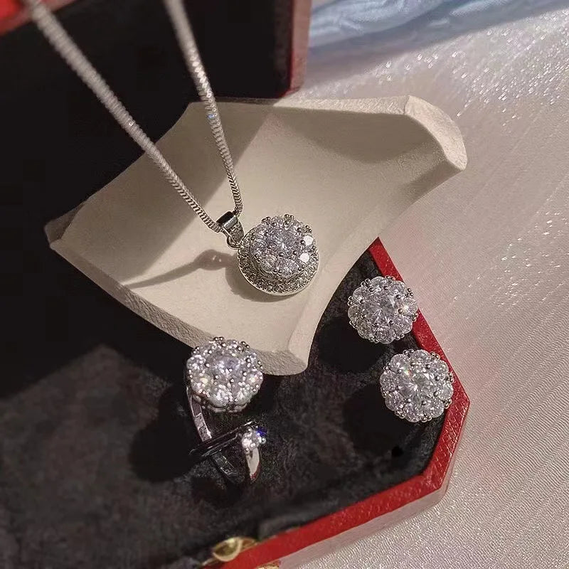 2022 Hot Sale Rotatable 3 Pcs/Set 925 Silver Post Diamond Crystal Round Earrings Zircon Flower Necklace Jewelry Set