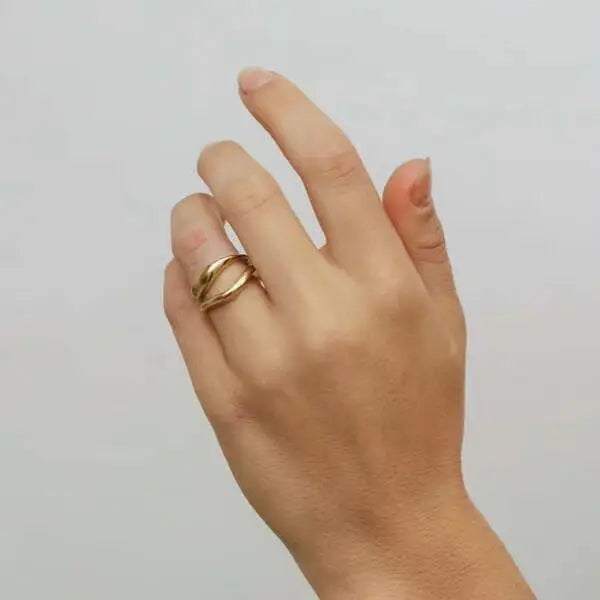 High End 18K PVD Gold Plated Tarnish Free & Waaterproof 2 Rows Double Basic Layer Irregular Stainless Steel Rings