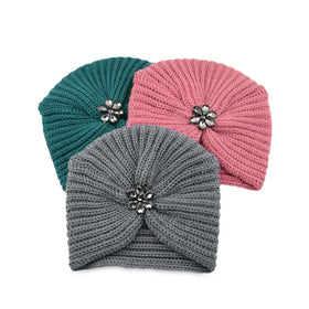 Bohemian Style Autumn and Winter Rhinestone Flower Hat Beanie for Women