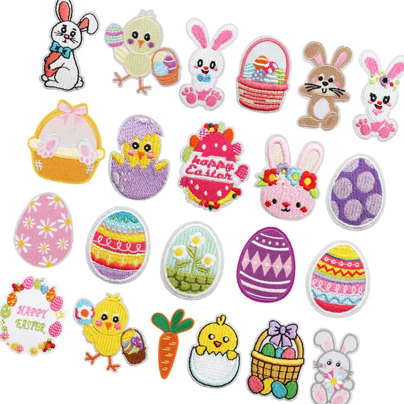 New Iron on Embroidery Easter Theme Bunny Egg Happy Easter Patch for Clothes Bags Decoration