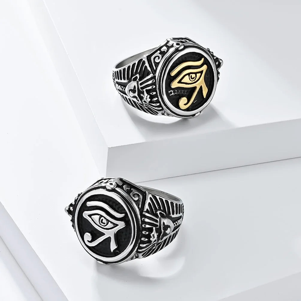 Vintage Egyptian Drip Signet Ring Oil Stainless Steel Egypt Eye of Horus Silver Black Men's OEM ODM Service XR Jewelry Xrrw233b
