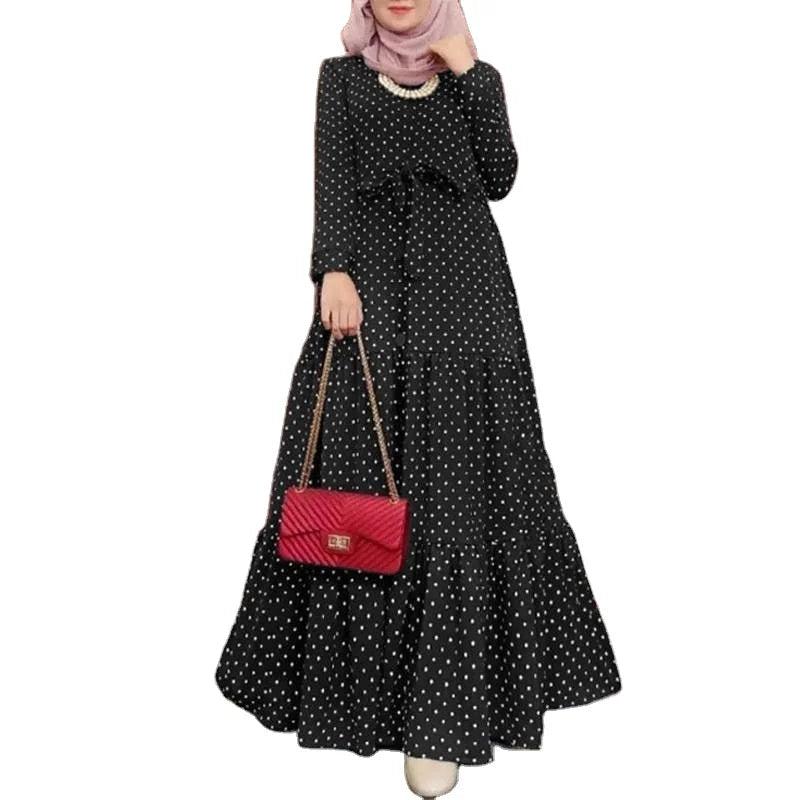 Black Burgundy White Color Fabric Big Dot Pattern Islamic Eid Abaya Over Size Casual Muslim Dress for Women