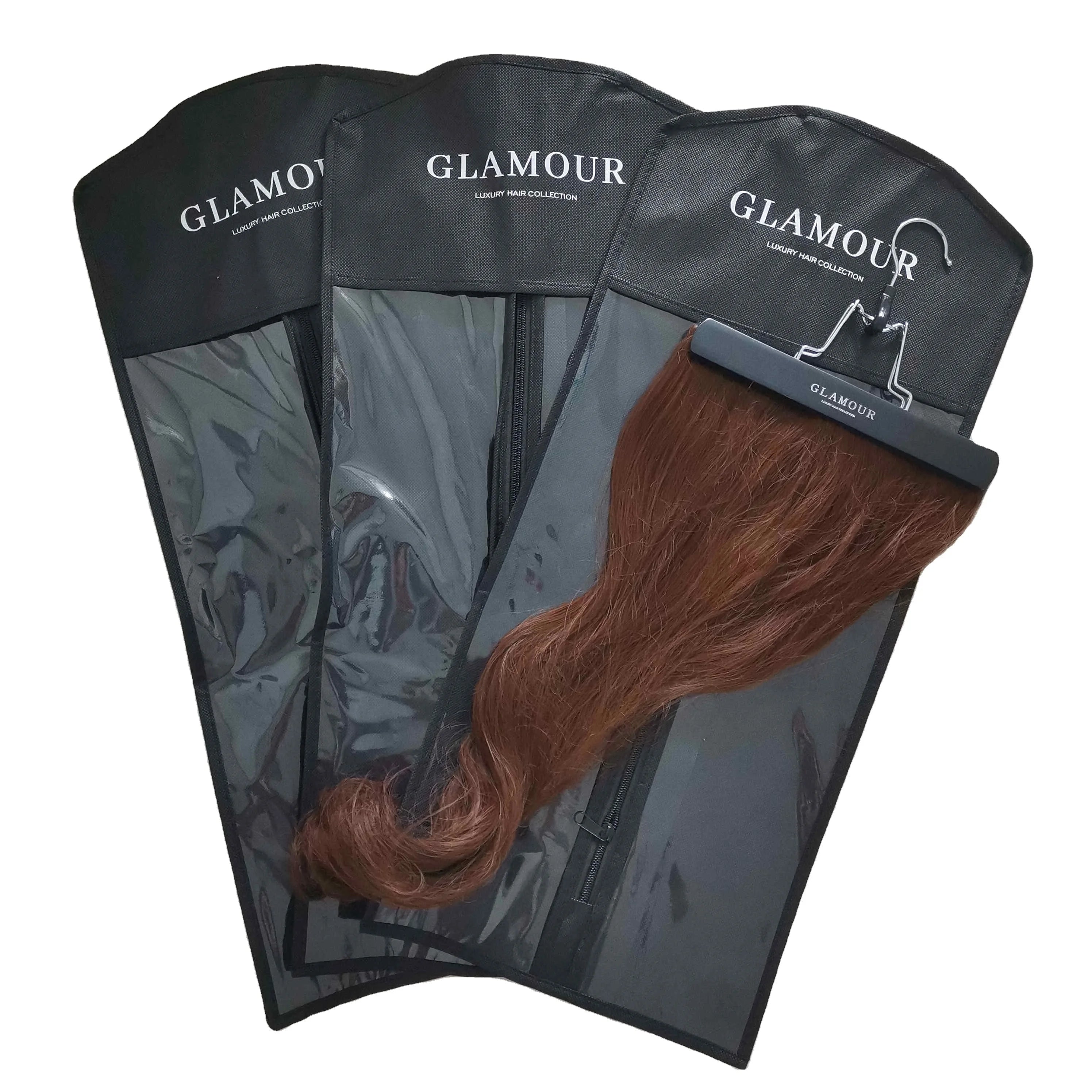 Black Hair Extension Bag with Wooden Hanger Wig Storage Bag logo Custom Bags