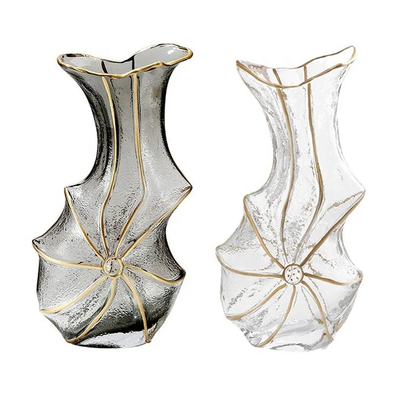Light Luxury Retro Artwork Home Decoration Hand-blown Transparent Gray Hand Painted Gold Tracing Irregular Glass Flower Vase