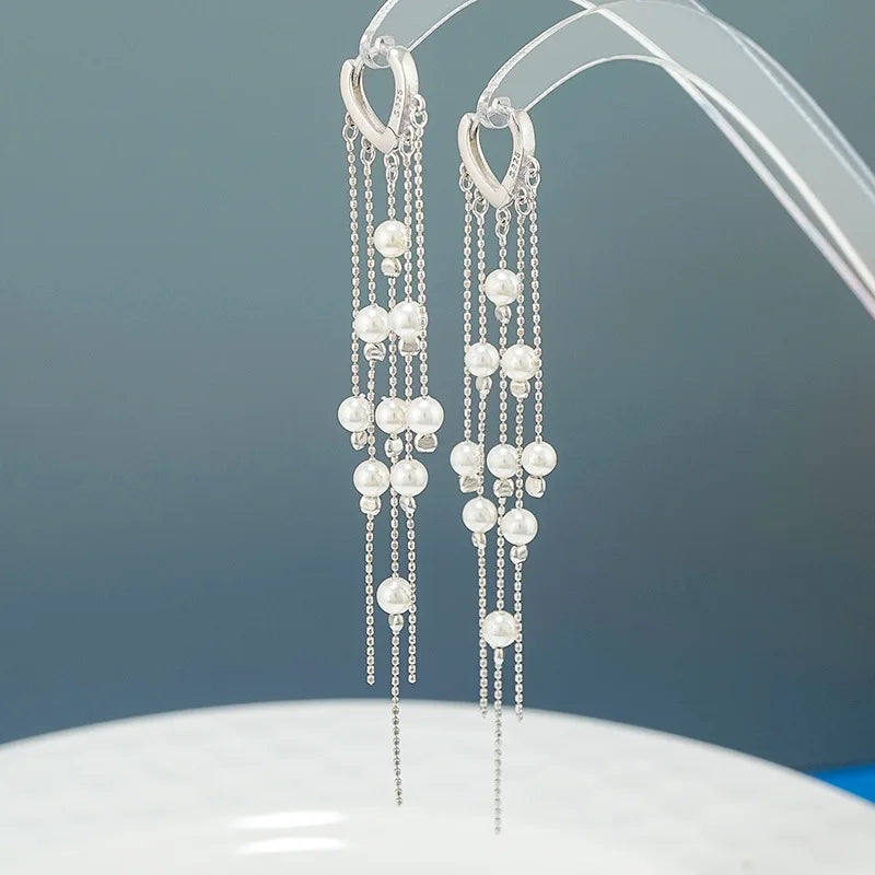 Elegant S925 Sterling Silver Long Tassel Earrings Fashion Earrings Trend 2022 Sterling Silver Pearl Ladies Earrings