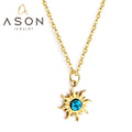 Ason Jewelry Fashion Stainless Steel Necklace Creative 18k Gold Plated Round Blue Pine Flower Stone Pendant Necklace
