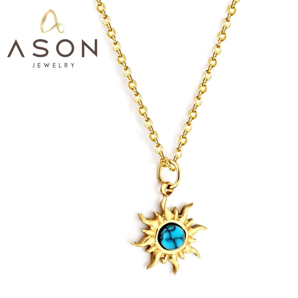 Ason Jewelry Fashion Stainless Steel Necklace Creative 18k Gold Plated Round Blue Pine Flower Stone Pendant Necklace