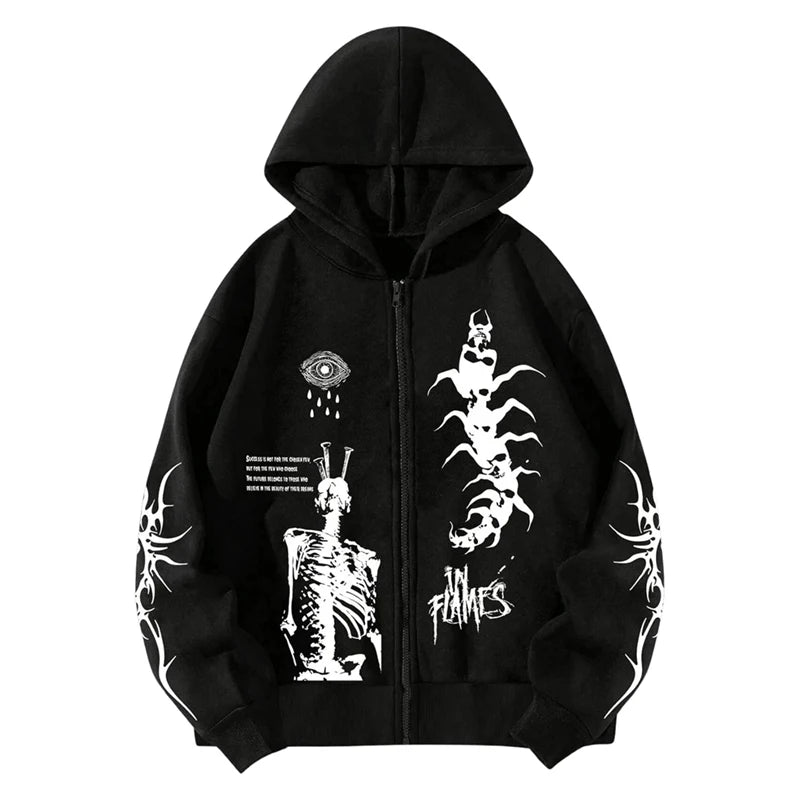 Autumn Series Customized Street Gothic Style Hooded Sweatshirt Skull Printed Zipper Digital Printing Method Dark Gloomy Pattern