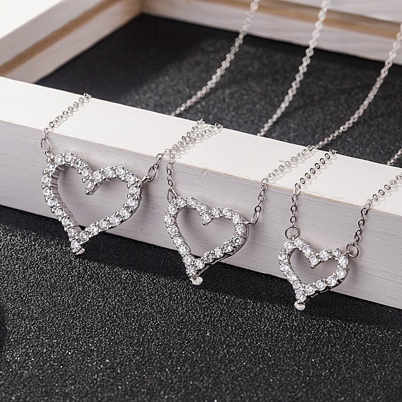Punk Bling Rhinestone Crystal Heart Pendant Necklace Hip Hops S925 Sterling Silver Heart Necklace for Women