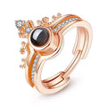 Isunni Hot Sale Rhodium Plated Crown Projection Ring 100 Languages I Love You Two in One Combination Ring
