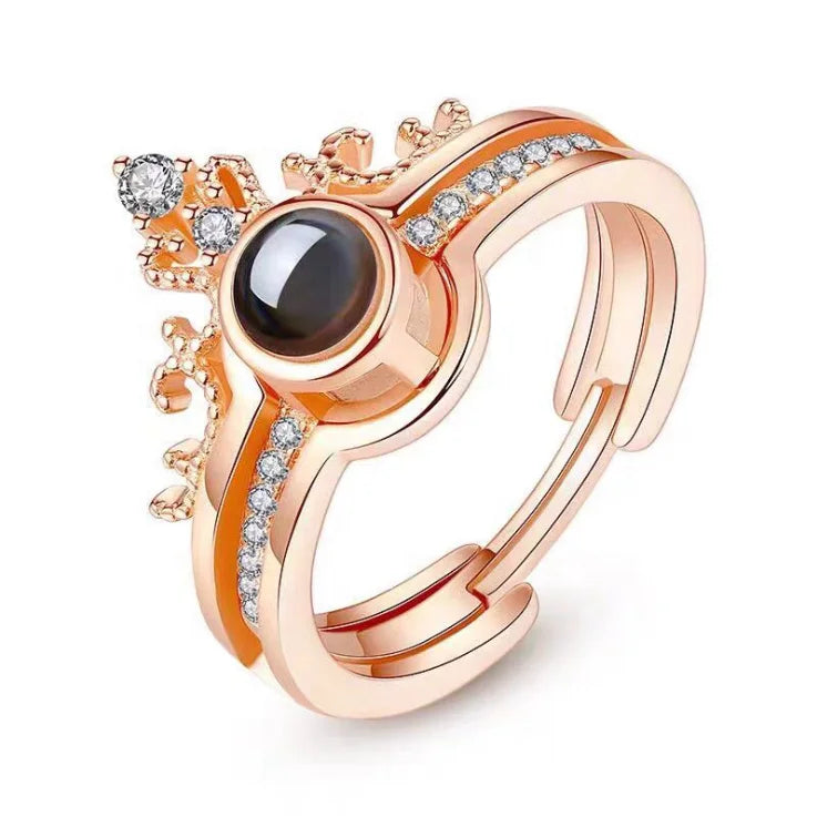 Isunni Hot Sale Rhodium Plated Crown Projection Ring 100 Languages I Love You Two in One Combination Ring