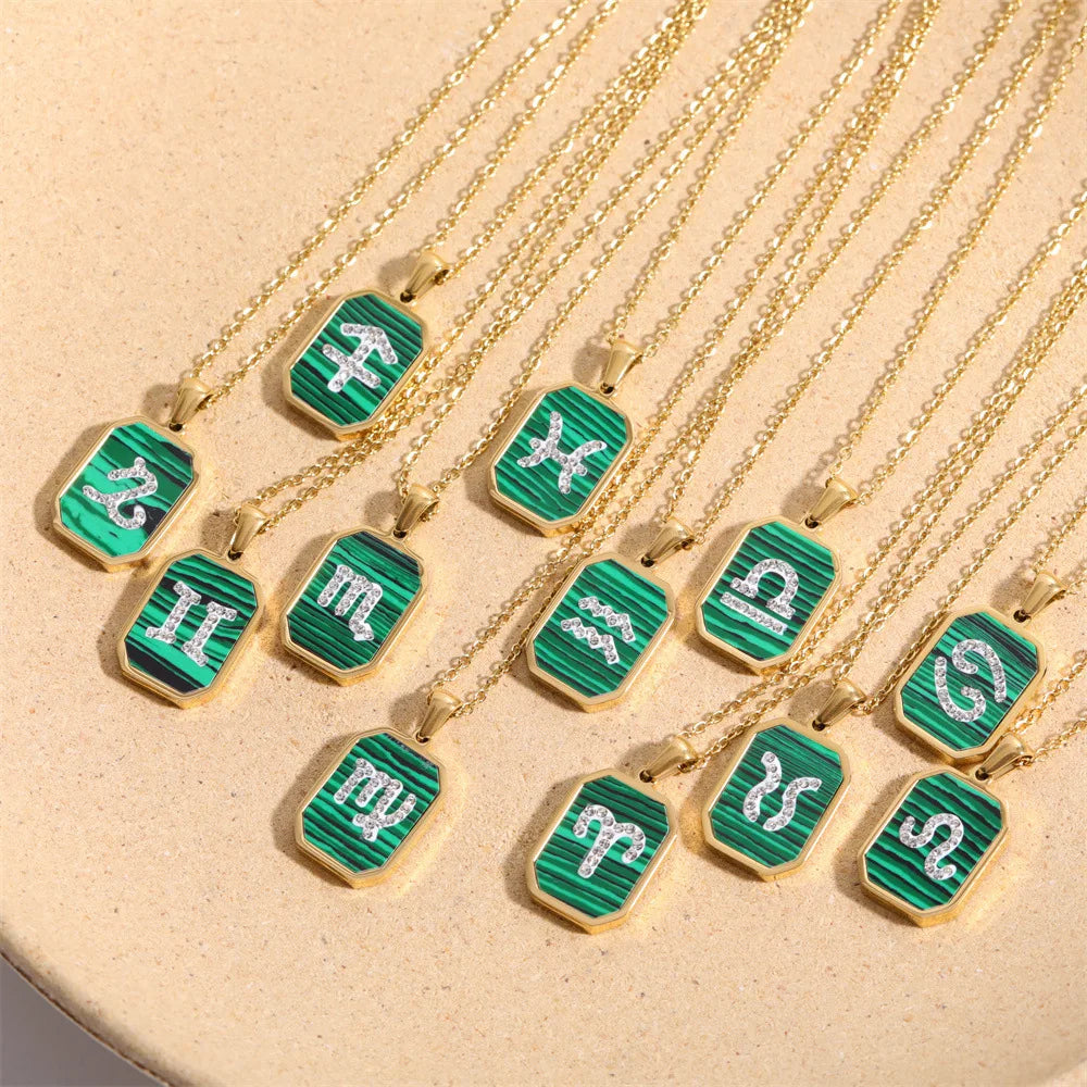 New Style Trendy Stainless Steel 18k Gold Plated Women's Square Horoscope Zodiac Pendant Necklace