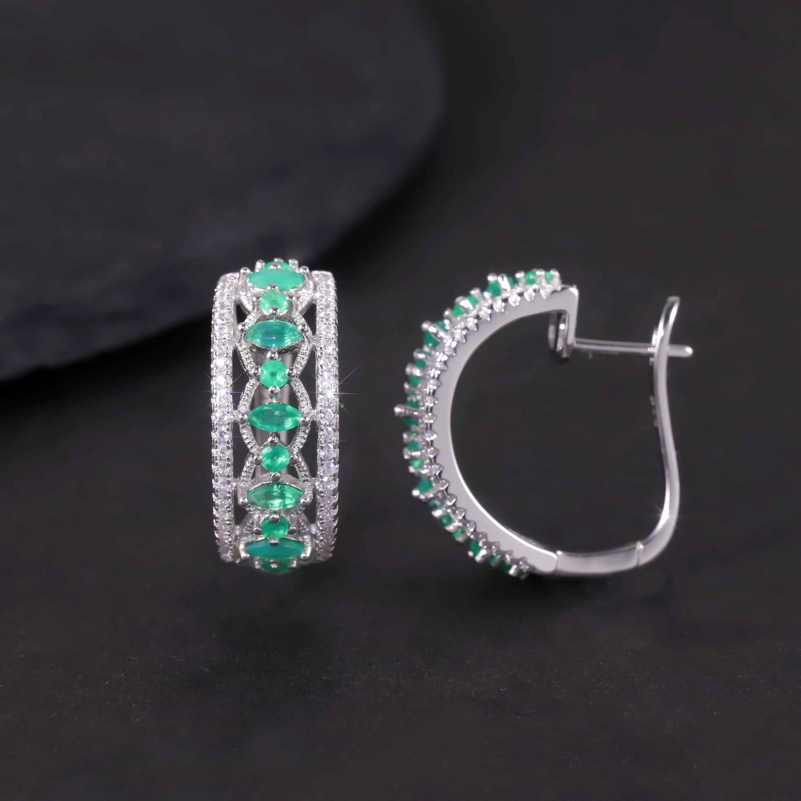 W0383 Abiding Solid 925 Sterling Silver Natural Green Agate Gemstone Glamorous Earrings Women Wholesale Earrings