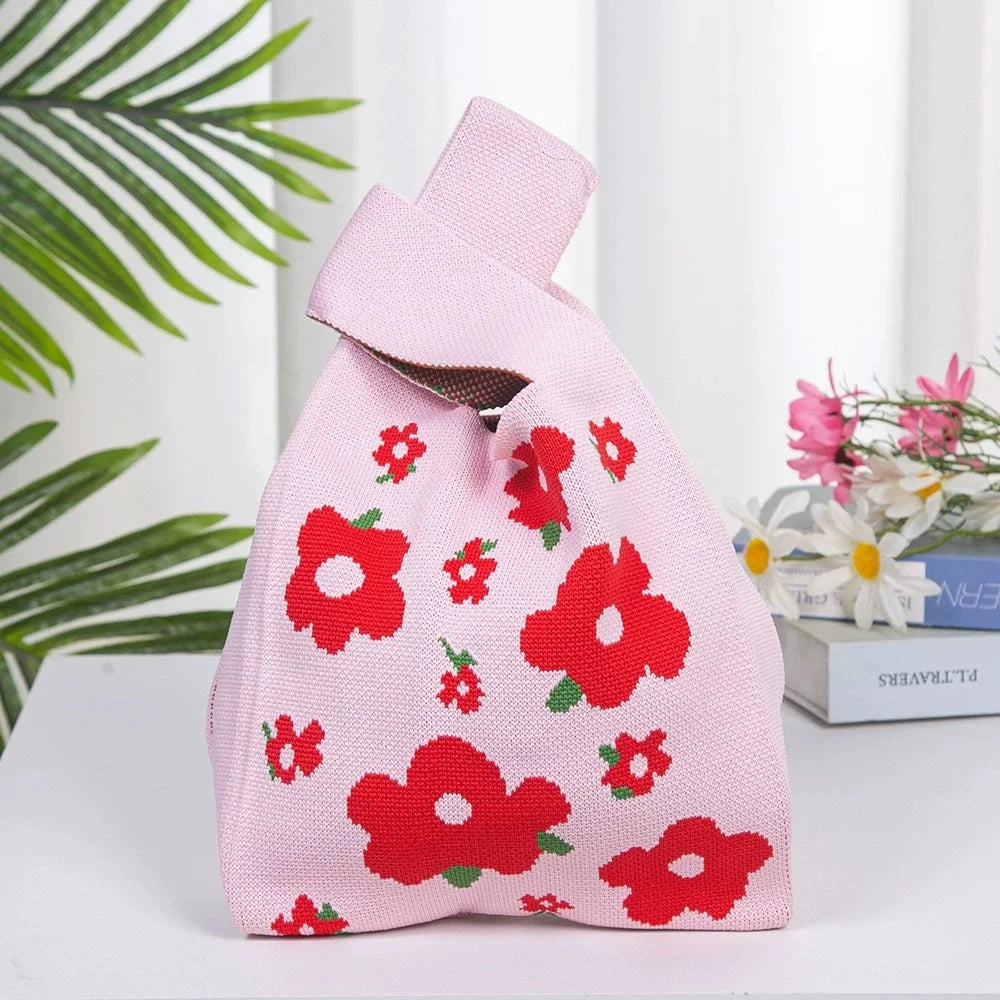 Cute Flower Hand-held Bag Knitted Bag Handbag Women's Japanese Knitted Tote Bag Braided Niche Bag